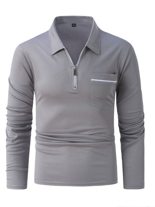 Men's Casual Long Sleeve Zipper Lapel Shirt with Chest Pocket, Spring/Fall Outdoor Wear
