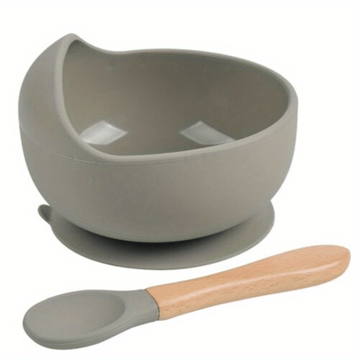 1set Baby Feeding Bowl And Spoon Set, Silicone Baby Bowl Suction Cup With Wooden Spoon Silicone Suction Base Non Slip Baby First Feeding Kit Gift For Toddler Children Girls Boys, Halloween, Thanksgiving, Christmas Gift