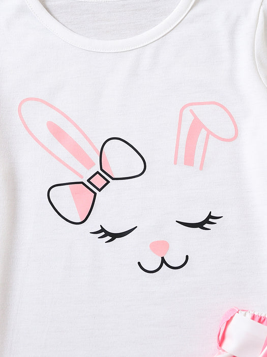2pcs Toddler Girls Easter Cartoon Bunny Graphic T-Shirts Round Neck Short Sleeve Tees Top & Elastic Waist Belted Stripe Shorts Set Kids Summer Outdoor Clothes