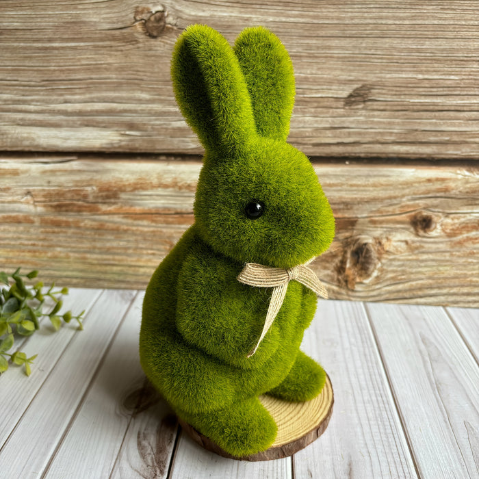 1pc Charming Green Flocked Bunny Statue, 6.6" - Easter & Spring Garden Decor, Outdoor Moss Rabbit with Ribbon Accent, Ideal for Holiday Celebrations & Home Yard Display