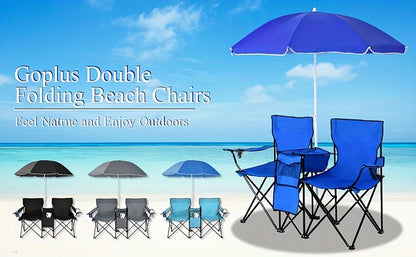 Portable Folding Picnic Double Chair W/Umbrella Table Cooler Beach Camping