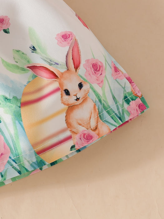 Adorable Bunny Print Short Sleeve Dress with Matching Headband for Girls - Soft Polyester Blend, Cute Rabbit Design, White Collar, Pink Floral Pattern, Summer Outfit for Toddlers, Perfect for Outdoor