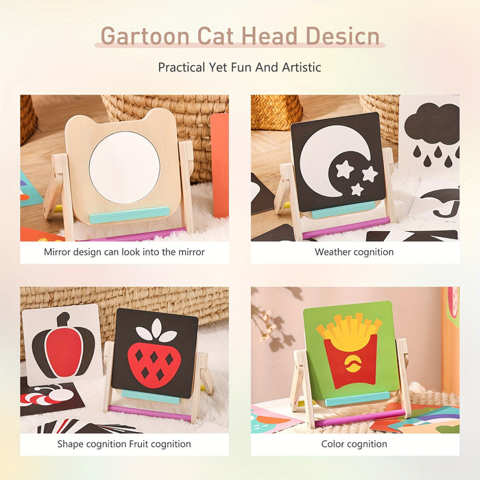 [Creative Shelf for Early Learning] Creative Wooden Mirror Display Shelf, With Cards, Educational Early Education Cognitive Learning Board, As Halloween, Christmas Gifts