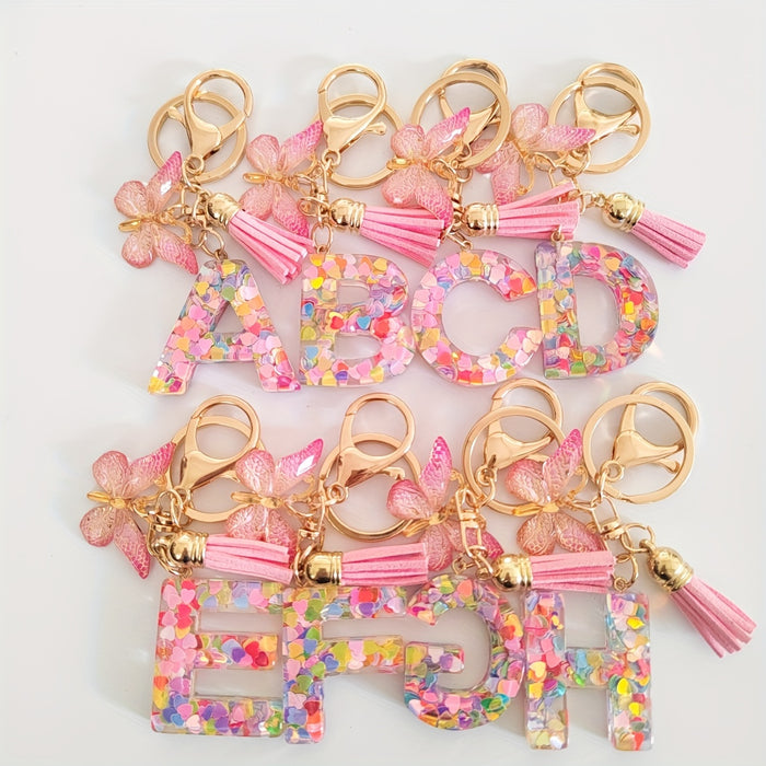 1pc Creative English Letter Pendant Keychain For Girls, Pink Sequin Drop Glue Butterfly Key Chain For Girls, Bag Car Key Ornament Christmas Gift