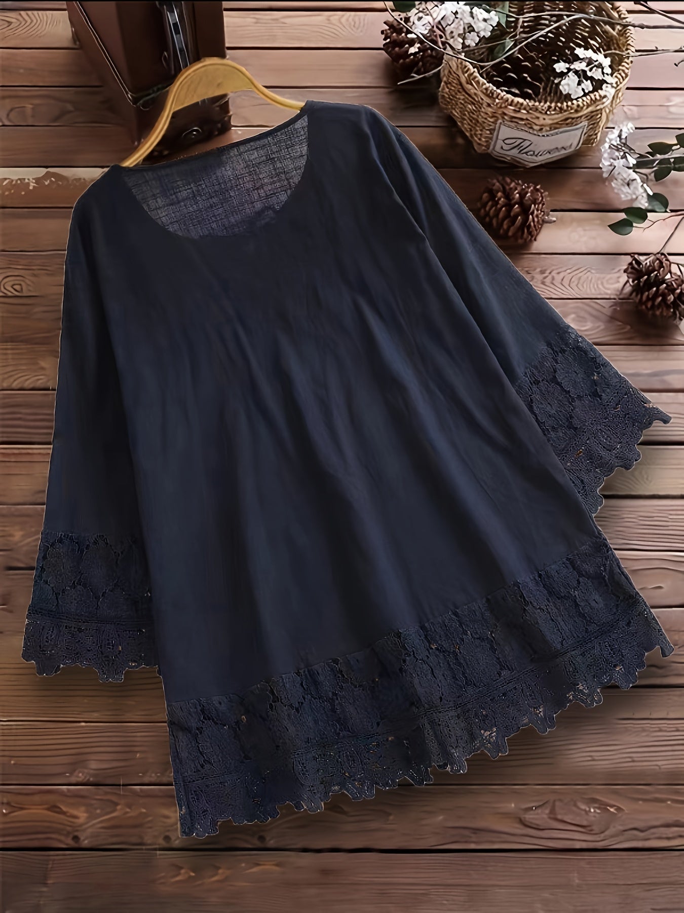 Plus Size Floral Applique Lace Blouse, Tie Neck Short Sleeve Women's Top