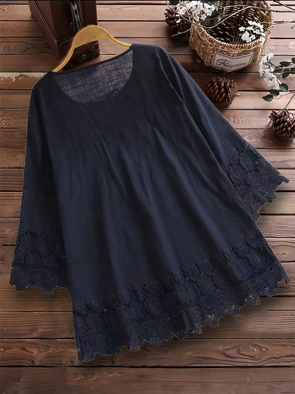 Plus Size Floral Applique Lace Blouse, Tie Neck Short Sleeve Women's Top