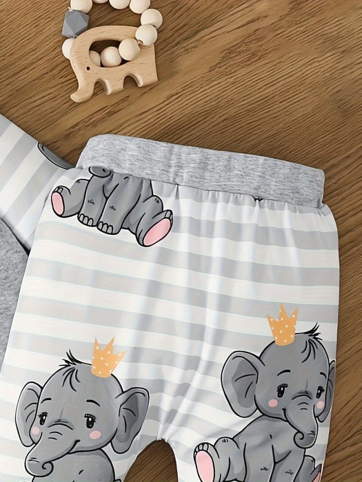 2pcs Baby Boy Baby Elephant Cartoon Print Comfortable Long Sleeve Hooded Top + Stitched Stripes Baby Elephant Full Print Trousers Two Sets, for Outdoor