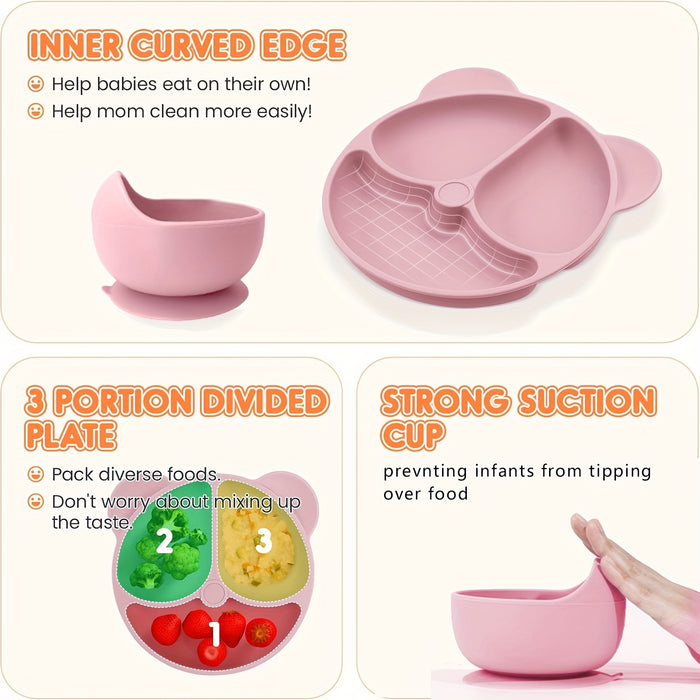 10-Piece BPA-Free Silicone Toddler Feeding Set - Pink Animal Print, Includes Suction Cup Dividers, Spoon, Fork, Straw Cup, Bib - Microwave & Oven Safe - For Baby Led Weaning - Perfect Gift for New Parents