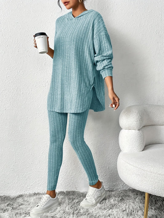 two-piece Ribbed Long Sleeve Hooded Top & Skinny Pants Set for Women, Casual Lounge Outfit