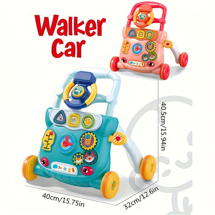 Interactive Youngsters Walker Car for Boys & Girls, 6-12 Months - Durable ABS Material, Parking Brake, Music & Educational Toys, Pink/Blue, 45cm x 32cm x 40cm