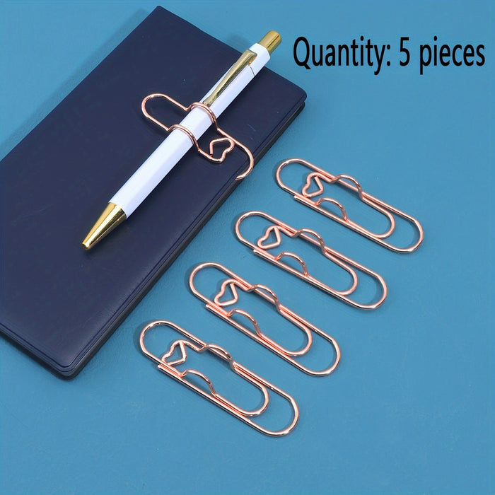 1pc/5pcs Metal Love Creative Paperclip Style Pen Holder, Simple Portable Student Notebook Holder Accessories Round Ballpoint Pen Clip