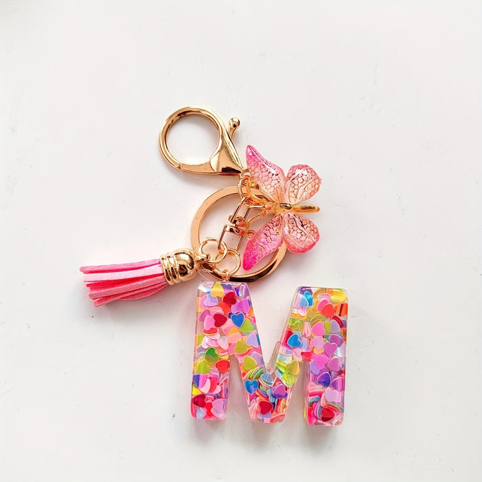 1pc Creative English Letter Pendant Keychain For Girls, Pink Sequin Drop Glue Butterfly Key Chain For Girls, Bag Car Key Ornament Christmas Gift