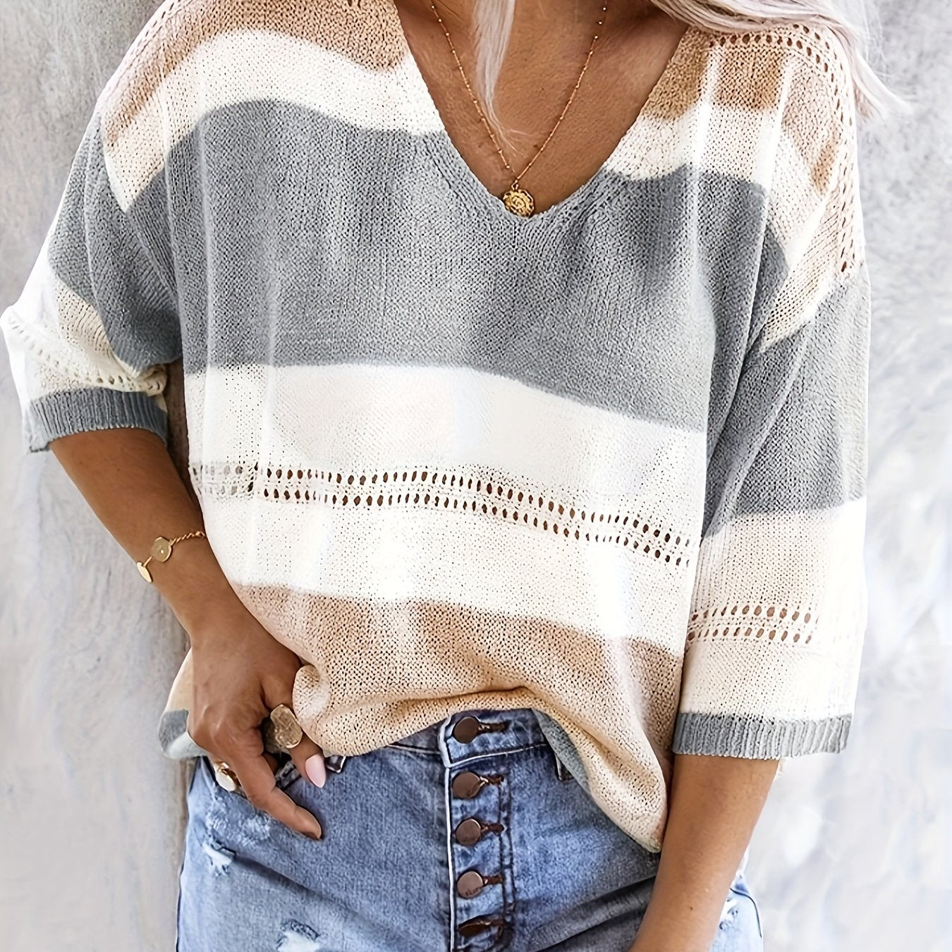 Women'S Casual Striped V-Neck Knit Top with Cut-Out Detail - Lightweight, Breathable, Perfect for Spring/Summer, Casual Attire|Striped Top|Vneck Top