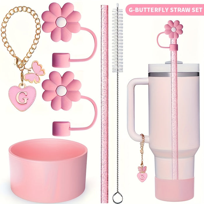 1 set of 6pcs, A, M Letter Butterfly Love Pendan Cup Accessories Set for Cup 30 OZ And 40 OZ Tumbler with Handle, Including Straw Topper Cover Cap And Boot, Straw, Cleaning Brushe, Straw - Reusable, flower camping Outdoors, O