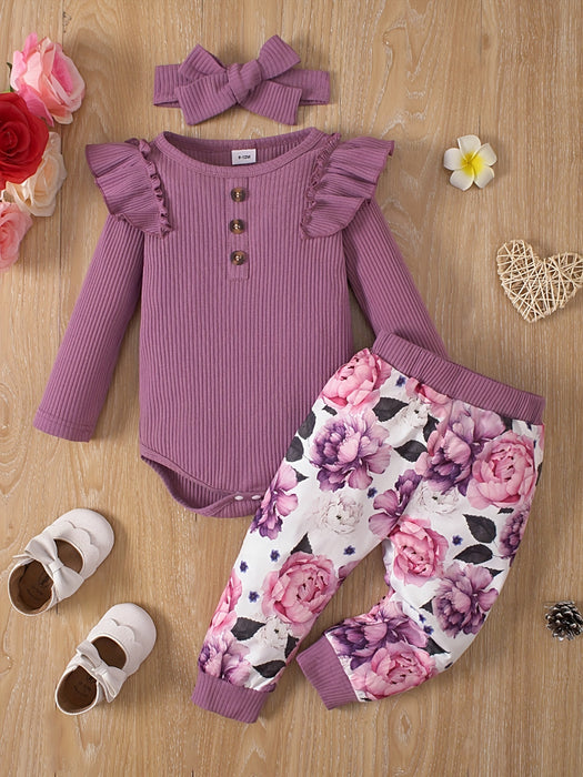 Baby Girl's Casual Fashion Outfit, Long Sleeve Triangle Romper + Floral Print Trousers Set, Outdoor Cloth