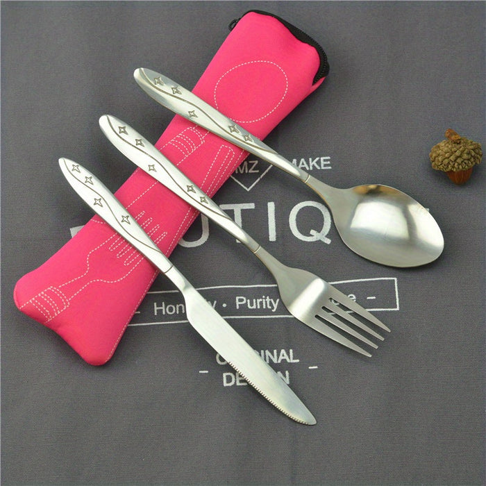 3pcs Set Dinnerware Portable Printed Knifes Fork Spoon Stainless Steel Family Camping Steak Cutlery Tableware with Bag