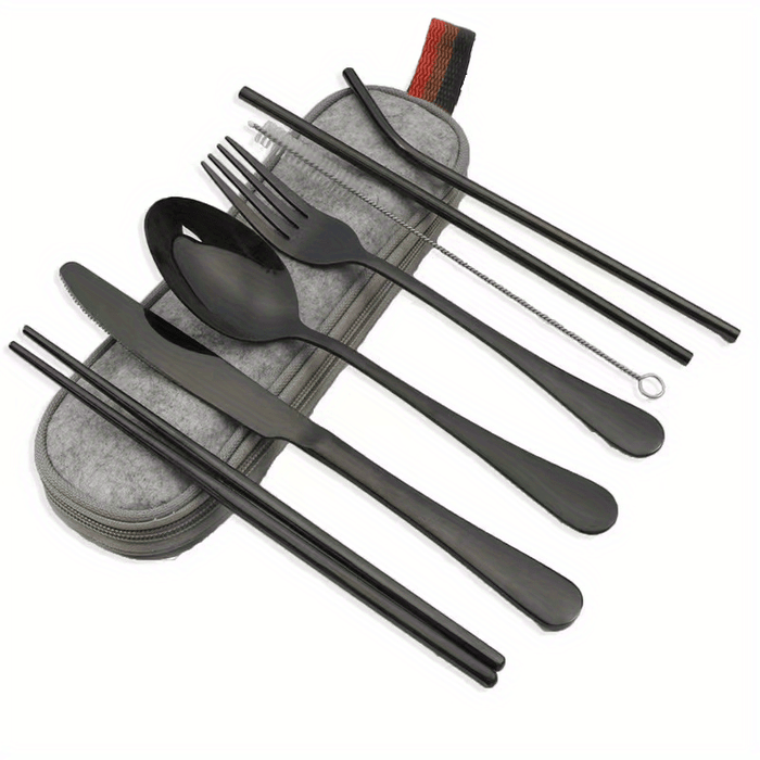 Portable Utensils, Travel Camping Cutlery Set, 8pcs including Knife Fork Spoon Chopsticks Cleaning Brush Straws Portable Case, Stainless Steel Flatware set
