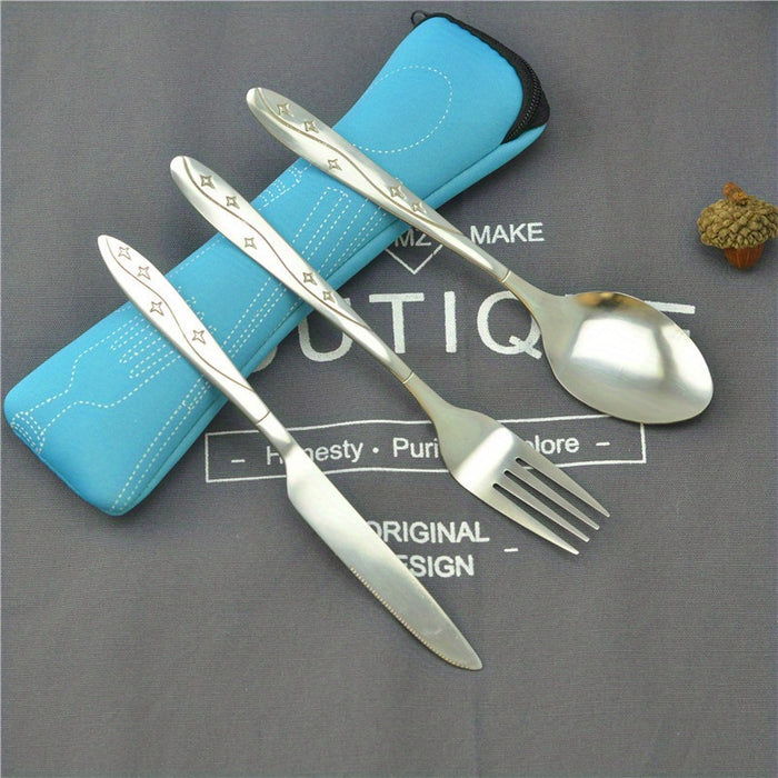 3pcs Set Dinnerware Portable Printed Knifes Fork Spoon Stainless Steel Family Camping Steak Cutlery Tableware with Bag