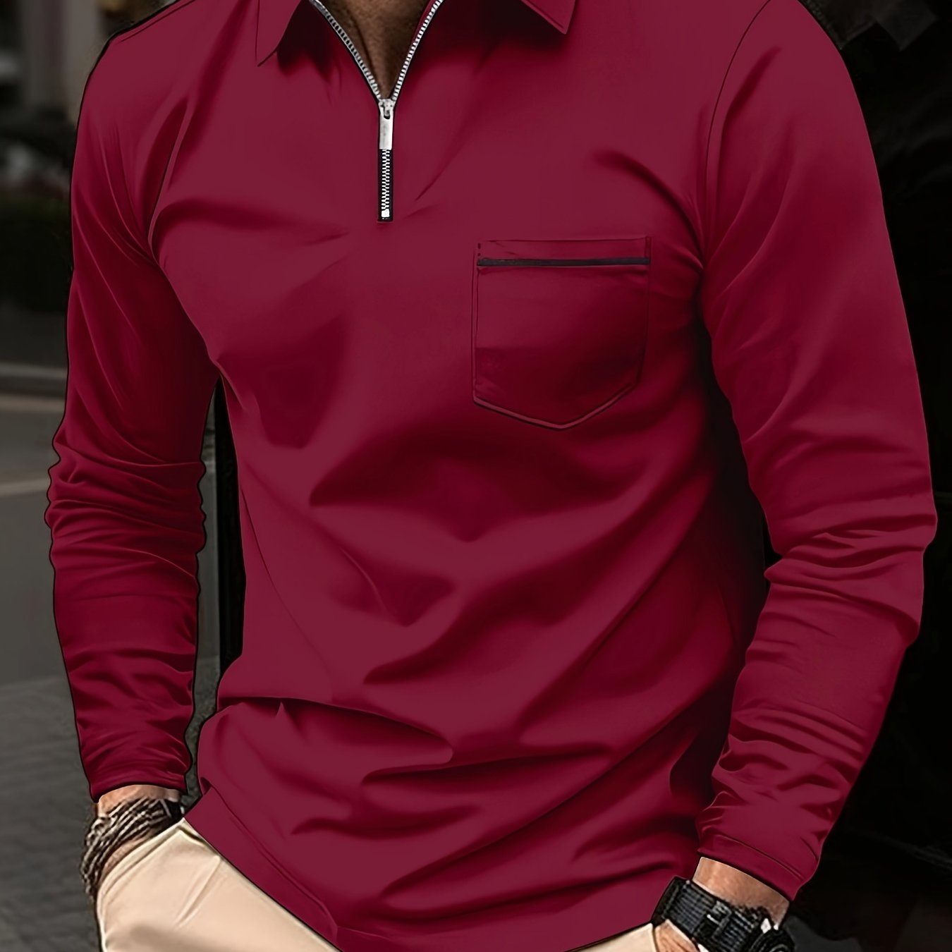 Men's Casual Long Sleeve Zipper Lapel Shirt with Chest Pocket, Spring/Fall Outdoor Wear