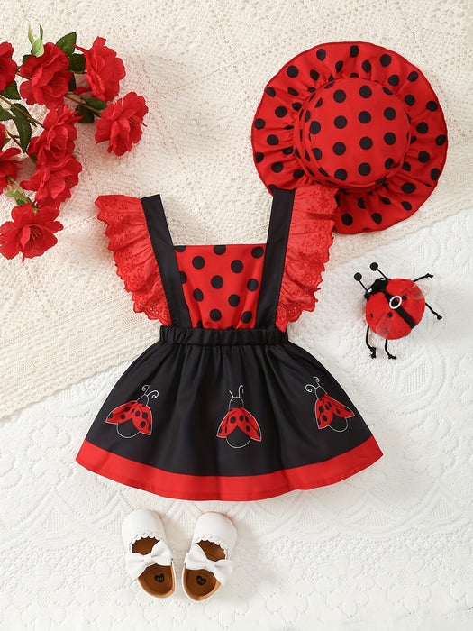 [Ladybug Summer Dress Set] 2pcs Little Bee Ladybug Summer Dress - Striped Full-Print Exposed Back Spliced for Lotus Lace Adjustable Suspender + Sun Hat Set