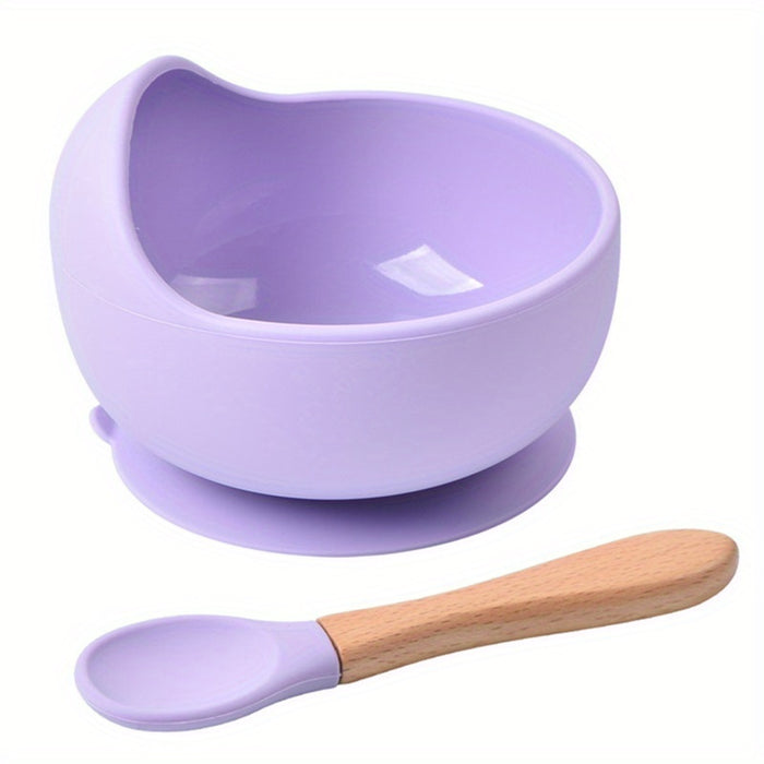 1set Baby Feeding Bowl And Spoon Set, Silicone Baby Bowl Suction Cup With Wooden Spoon Silicone Suction Base Non Slip Baby First Feeding Kit Gift For Toddler Children Girls Boys, Halloween, Thanksgiving, Christmas Gift
