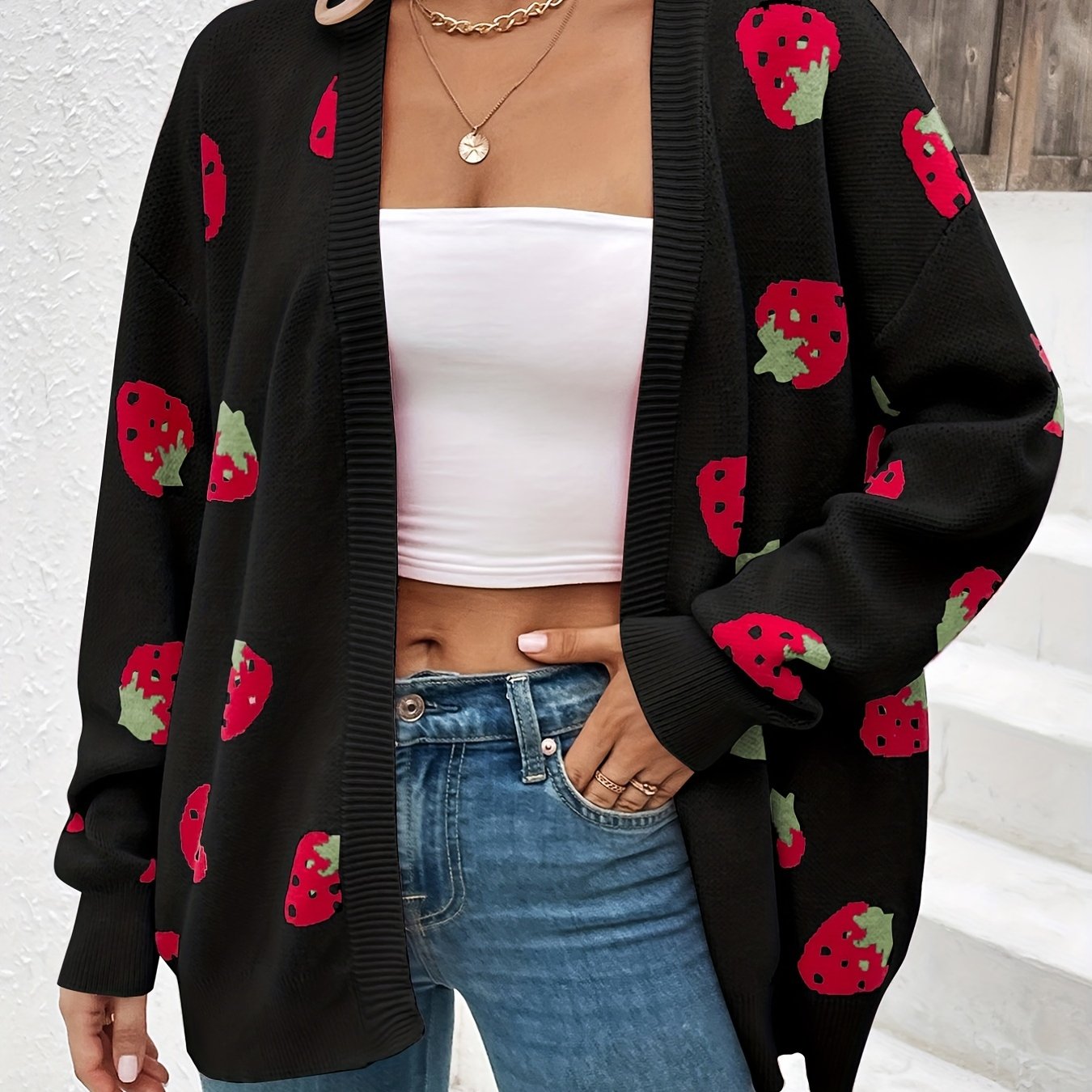 Strawberry Print Open Front Cardigan, Long Sleeve Elegant Cardigan for Spring & Fall, Women's Clothing