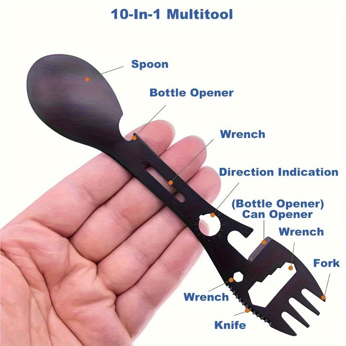 1/2pcs 10-in-1 Multi-Functional Tableware - Stainless Steel Portable Utensil, Can Opener, Serrated Knife, Wrench, Direction Indicator - Perfect for Outdoor Camping, Hiking, Picnic & Travel - For Adventurers & Outdoor Enthusia