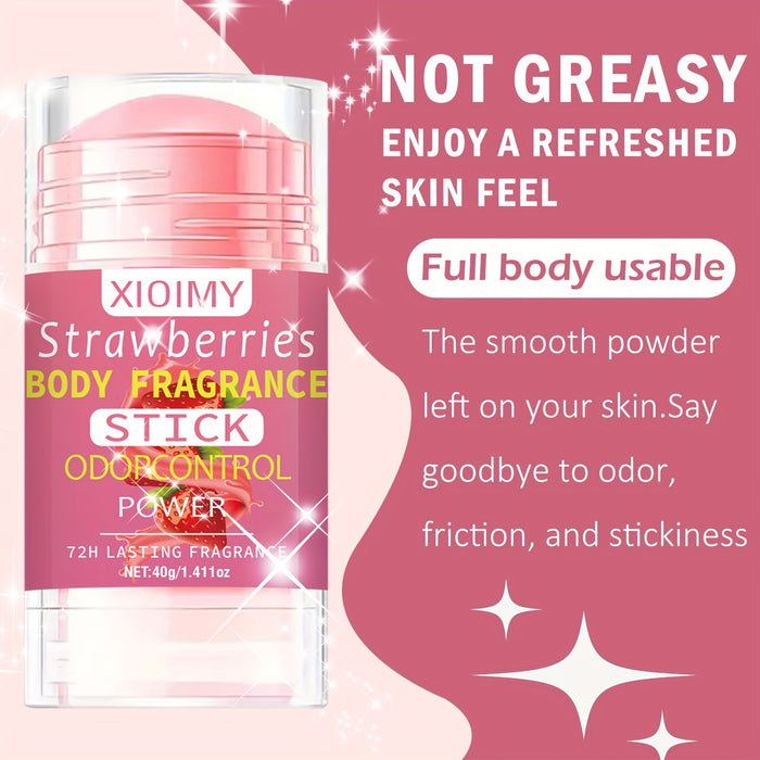 1.411oz Strawberry Body Deodorizing Cream, with a fresh strawberry scent, provides 72 hours of fresh body odor, deodorizes the body, deeply moisturizes the skin, and leaves a lasting fragrance. It is suitable for stubborn bod