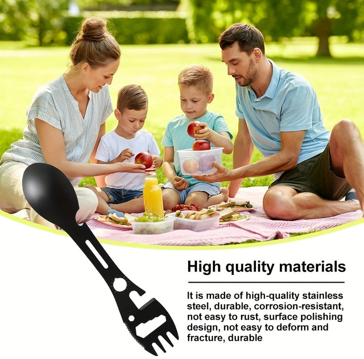 1/2pcs 10-in-1 Multi-Functional Tableware - Stainless Steel Portable Utensil, Can Opener, Serrated Knife, Wrench, Direction Indicator - Perfect for Outdoor Camping, Hiking, Picnic & Travel - For Adventurers & Outdoor Enthusia