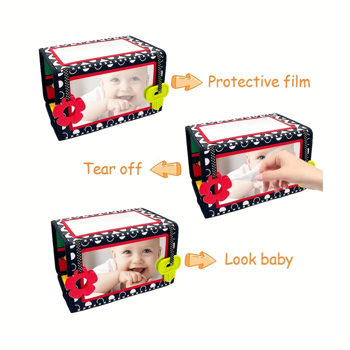 Baby Tummy Time Mirror - Early Learning Sensory Stimulation, Safe Materials, Car Seat Back Hanging Toy, Foldable Infant Black and White Cognitive Mirror - Gift