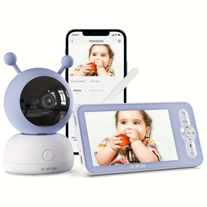 BOIFUN 720P WiFi Youngsters Monitor Camera with App Control, 5" Screen, Motion & Crying Detection, PTZ, Night Vision, Alarm Area, Temperature & Humidity Sensor, Two-Way Talk, ECO Mode, Rechargeable Battery, Smartphone App Com