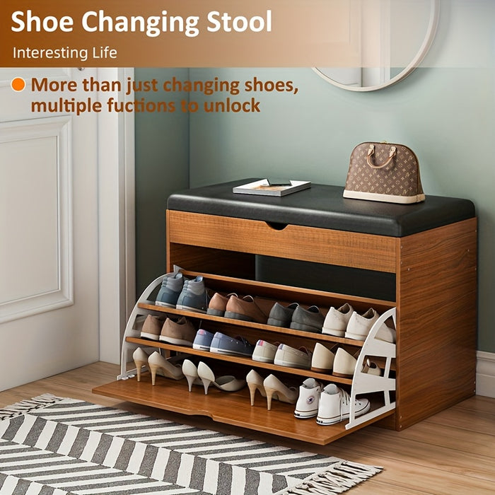 Pine Wood Shoe Bench with Cushioned Seat, Three-Tier Footwear Rack, and Storage Cabinet - Ideal for Bedroom or Entryway, Multi-Compartment Design, No Assembly Required, Shoes Organizer Storage