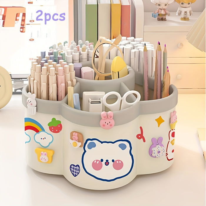 1pc/2pcs 360 Degree Cute Rotating Pen Holder, Extra Large Capacity Multi-functional Desktop Stationery Storage Box, Polished PVC Material, Flush Mount, Lightweight, 360 Rotation