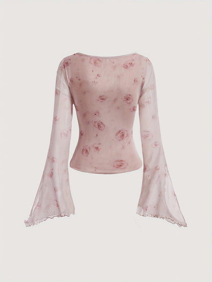 Stylish Floral Print Knot Front Slim Fit T-Shirt - Women's Elegant Flare Sleeve T-Shirts for Spring & Fall - Casual, Comfortable, and Versatile Clothing for Ladies