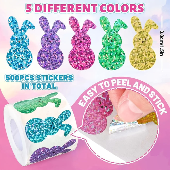500pcs Easter Bunny Stickers - Colorful Laser-Cut Rabbit Decals, 5 Shimmering Colors, Self-Adhesive Sealing Labels for Envelopes, Journals & Party Favors