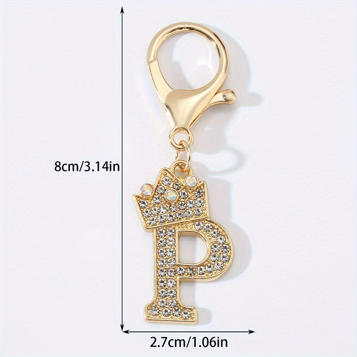 1pc Fashion Zinc Alloy Artificial Diamond Crown 26 English Letters Key Chain For Men, Bag Pendant To Friends