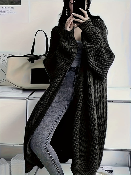 Women's Solid Color Open Front Knitted Cardigan, Long Sleeve, Spring/Fall Casual Wear