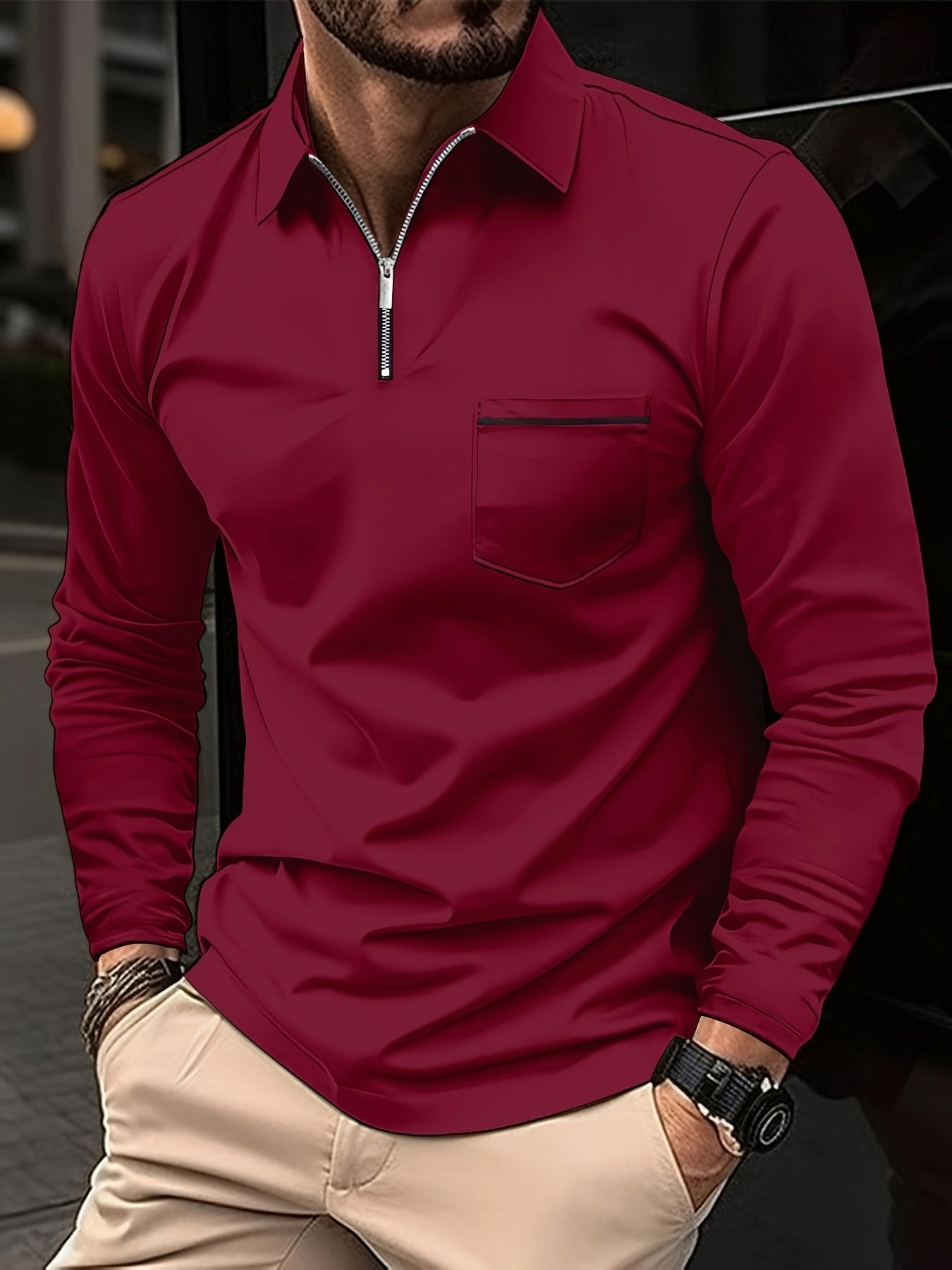 Men's Casual Long Sleeve Zipper Lapel Shirt with Chest Pocket, Spring/Fall Outdoor Wear