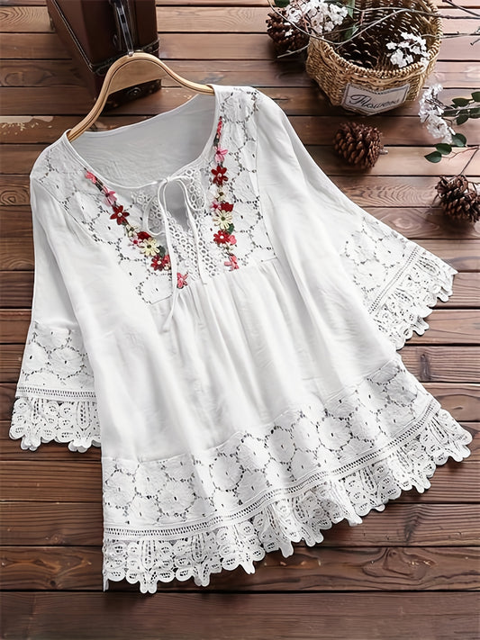 Plus Size Floral Applique Lace Blouse, Tie Neck Short Sleeve Women's Top