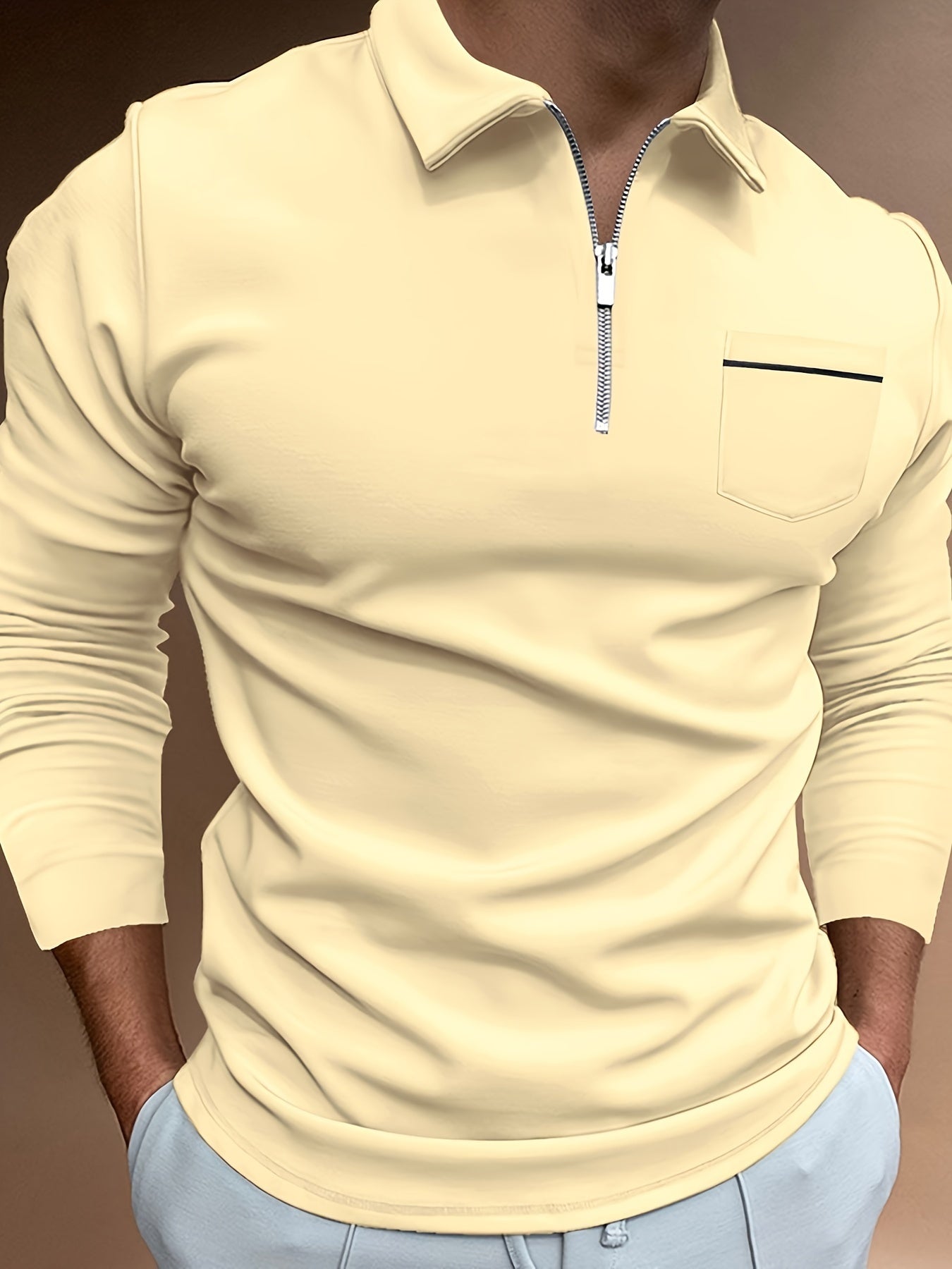 Men's Casual Long Sleeve Zipper Lapel Shirt with Chest Pocket, Spring/Fall Outdoor Wear