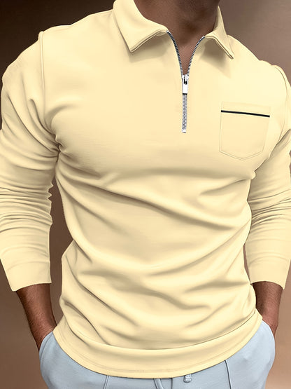 Men's Casual Long Sleeve Zipper Lapel Shirt with Chest Pocket, Spring/Fall Outdoor Wear