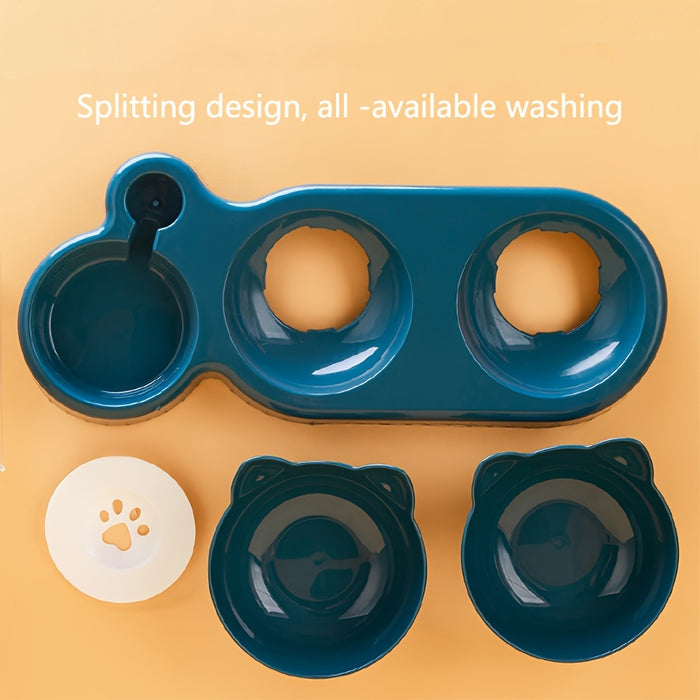 3-in-1 Pet Feeding Set: Tilted Cat Bowls with Gravity Water Bottle and Ear Design for Neck Protection