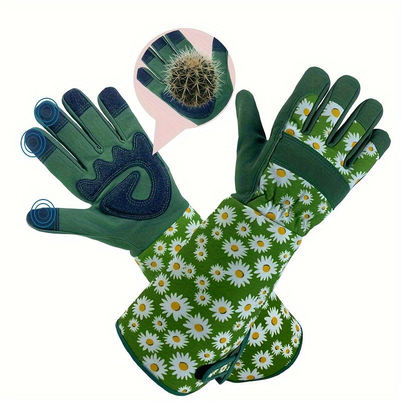 1 Pair Ambidextrous Thorn Proof Gardening Gloves, Polyester Material, Lead & Latex Free, Touch Screen Compatible, Breathable with Reinforced Fingertips & Extended Sleeves for Rose Pruning & Outdoor Work