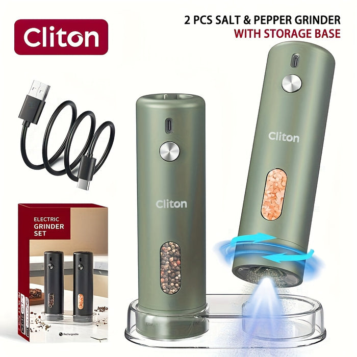 Electric Pepper Grinder Rechargeable, Automatic Salt and Pepper Mills Set with 3.72oz Container, External Adjustable Coarseness, White LED Light and One-Handed Operation for Kitchen, Outdoor, BBQ & Gift Giving