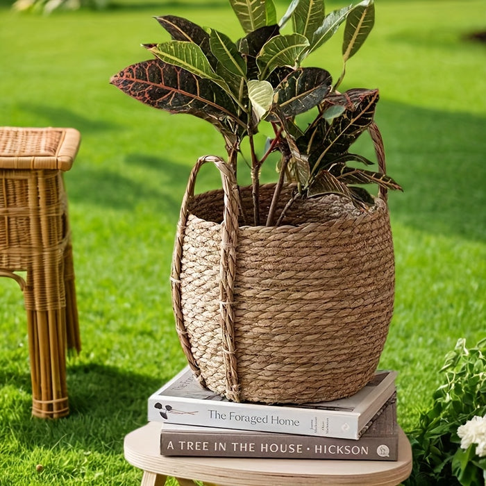 Handcrafted Nordic-Inspired Seaweed Woven Flower Pot - Versatile, Painted Finish, Slide-Out Shelf Design for Home & Garden Decor