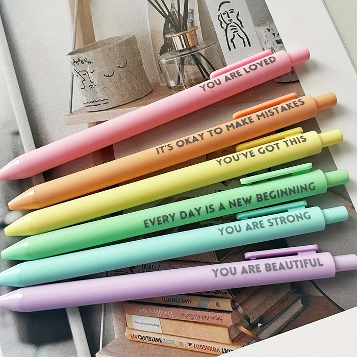 6-pack Inspirational Quote Rollerball Pens - 6-Pack, Medium Point, Black Ink, Rubber Grip, Ambidextrous, Pocket Clip for Journaling and Writing