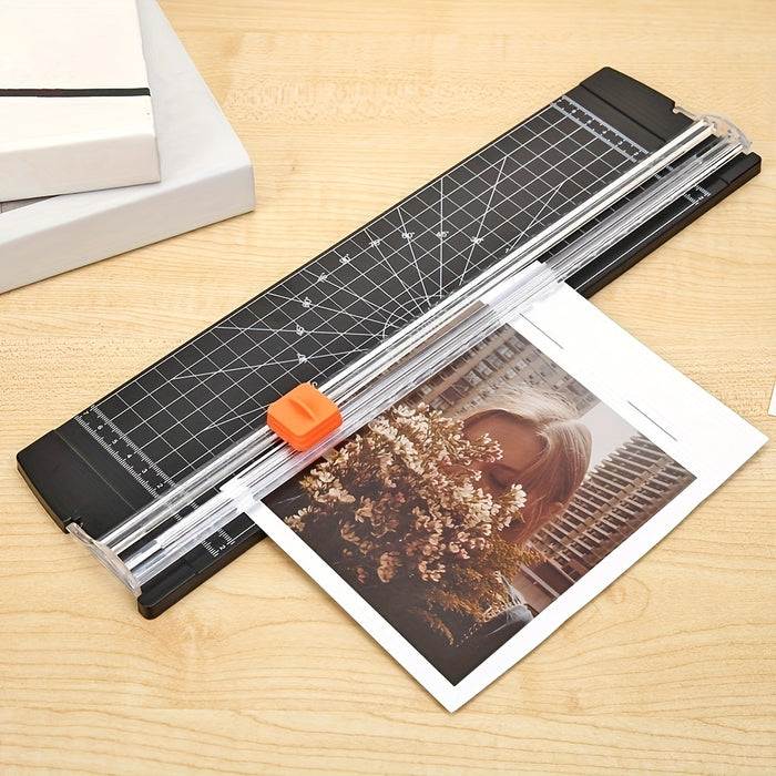 [Home Relaxation] Portable Precision Paper Cutter for A3/A4 Photos - Compact, Manual, Non-Electronic Trimmer with Clear Plastic Body and Orange Handle - Ideal for Home, School, and Office Use