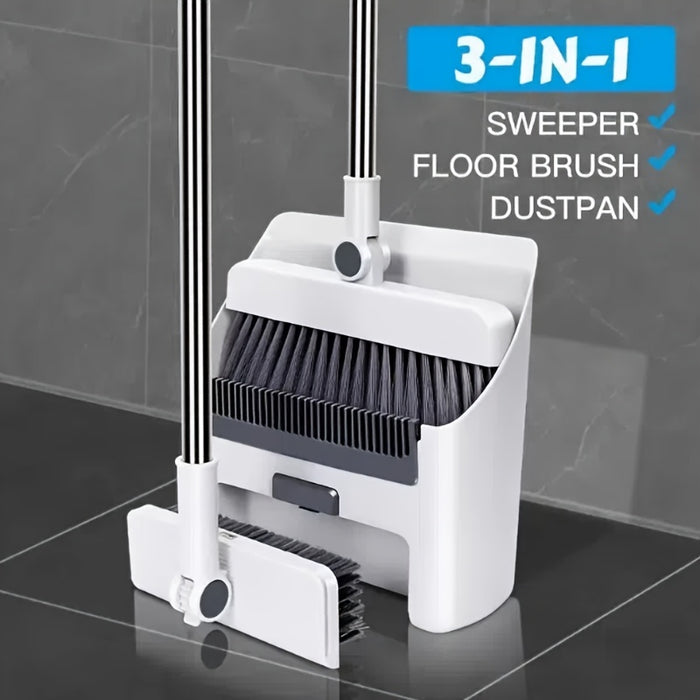 3-in-1 Foldable Broom and Dustpan Set, Unflagged Bristle Sweep Brush, Multi-Surface Cleaning Kit for Living Room, Bedroom, Bathroom, Carpet, Hard Floor, Durable Plastic, Home and Dorm Use