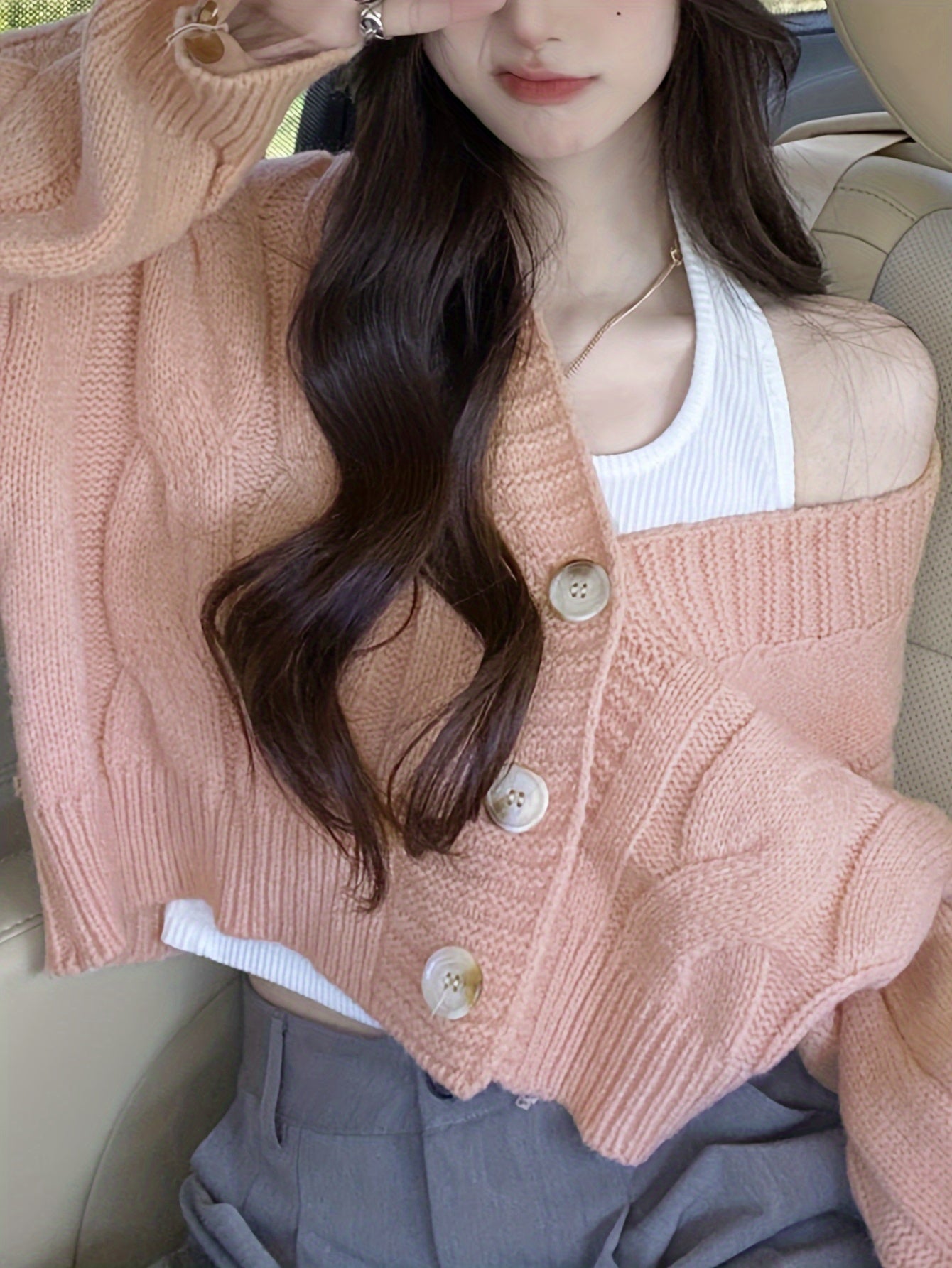 Women's Casual V-Neck Cardigan - Loose Fit, Long Sleeve, Button-Up Knit Sweater in Light Pink, Stretchy Polyester Blend, Perfect for Spring/Fall, Casual Wear|Buttonup Knitwear|Stylish Texture