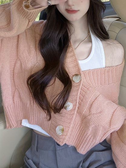 Women's Casual V-Neck Cardigan - Loose Fit, Long Sleeve, Button-Up Knit Sweater in Light Pink, Stretchy Polyester Blend, Perfect for Spring/Fall, Casual Wear|Buttonup Knitwear|Stylish Texture